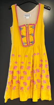 Ladies' traditional dirndl sleeveless yellow, pink embroidery size 34 by Almenrausch