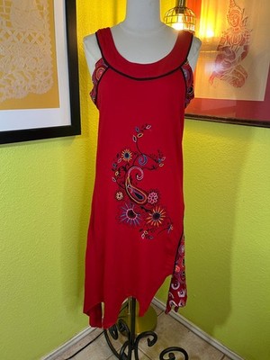 Aller Simplement Red Boho Asymmetric Hem Dress Embroidered Nepal Cotton M