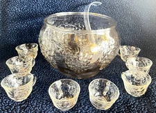 Vintage Crystal Happenings Indiana Glass Punch Bowl & 8 Matching Cups & Ladle