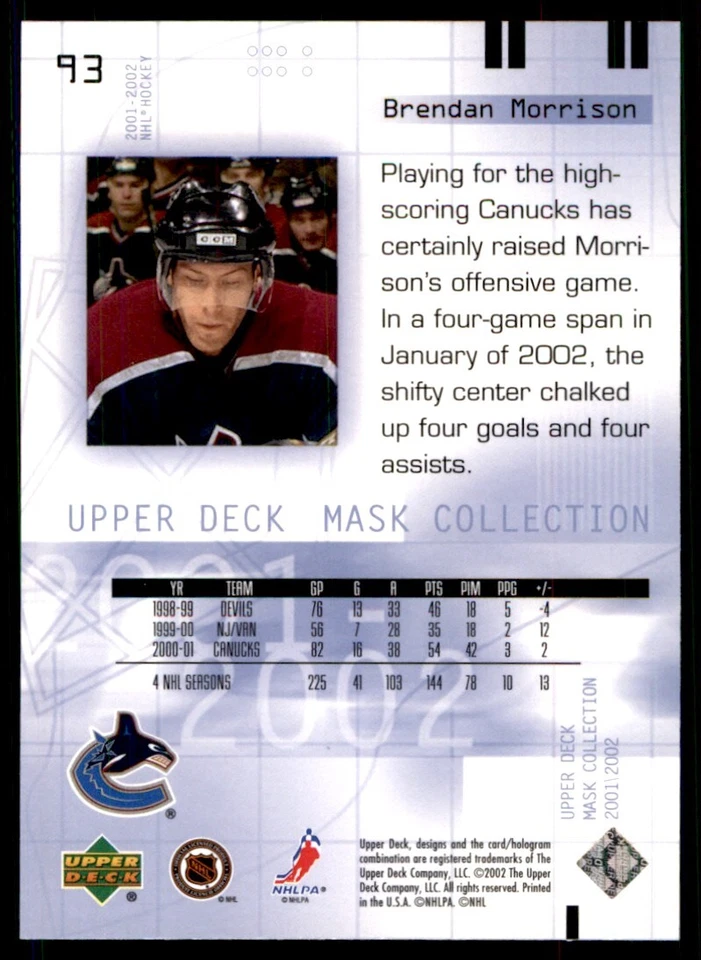 2001-02 Upper Deck Mask Collection Brendan Morrison Vancouver Canucks #93 - Image 2 of 2