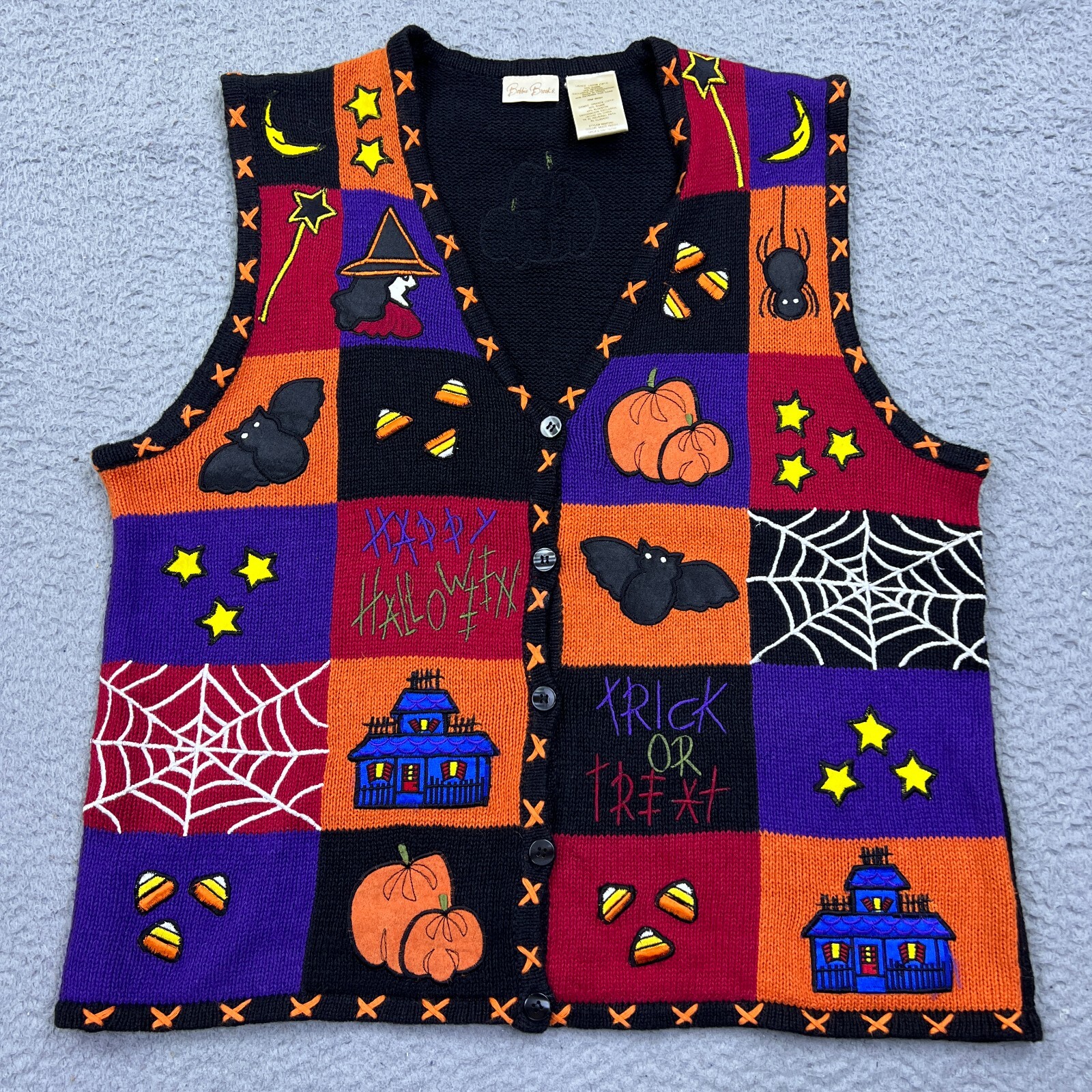 Bobbie Brooks Womens Sweater Vest Halloween Knit Large VTG Grandma Pumpkin Patch