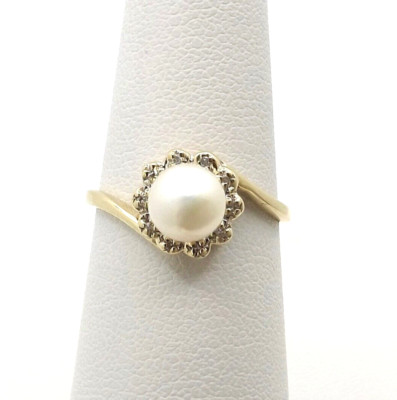 10k Gold Akoya Pearl Natural Diamond Halo Bypass Ring June Birthstone