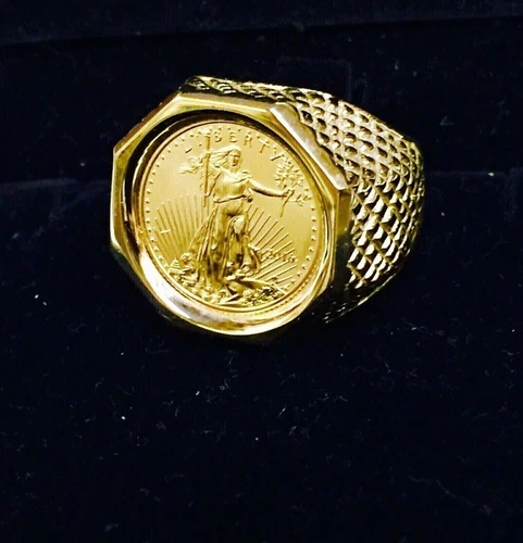 Men's Coin American Eagle Ring with Vintage Design Ring 14K Yellow Gold Plated