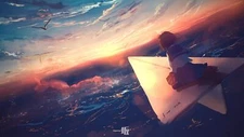 Anime artwork girls sky sunset paper planes short hair Playmat Gaming Mat Desk