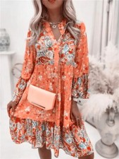 Womens Floral Boho V Neck Loose Dress Ladies Long Sleeve Summer Holiday Sundress