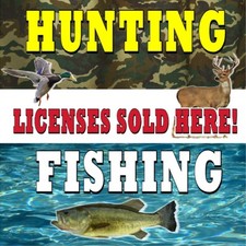 HUNTING FISHING LICENSE SOLD HERE CHOOSE YOUR SIZE PERF WINDOW VINYL DECAL NEW