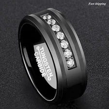 8mm Black/Silver Tungsten Carbide Ring Inlay Comfort Fit ATOP MEN Wedding Band