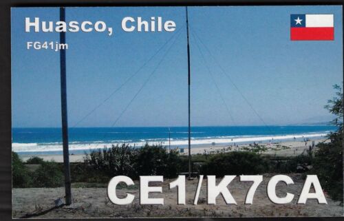 QSL Radio CARD"CE1/K7CA,View of Antenna,Flag,Al Van Buren",Huasco,Chile(Q6569) - Picture 1 of 2