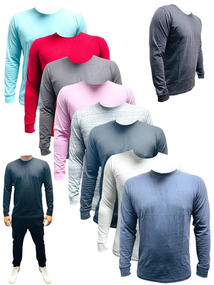 New Mens T Shirts Long Sleeve Crew Round Neck Tees Plain Designer Casual Top - Image 3 of 4