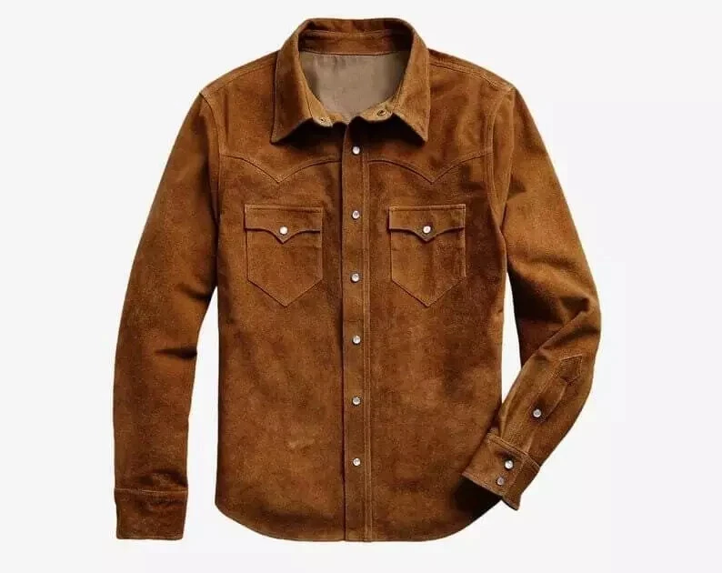 Men Suede Leather Trucker Premium Western Wear Shirt - Suede Leather Shirt