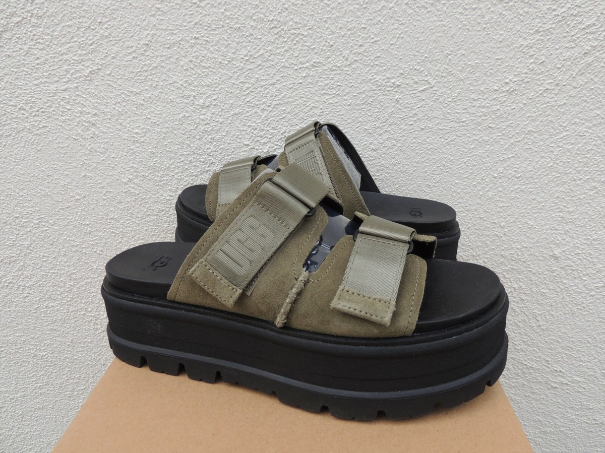 UGG CLEM BURNT OLIVE SUEDE PLATFORM SLIDE SANDALS, WOMEN US