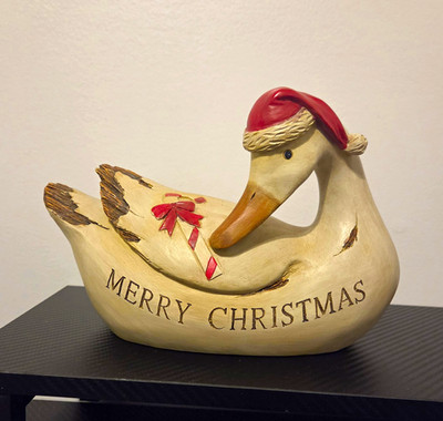 Hand Painted Wooden Goose Figurine with Santa Hat, Merry Christmas Decor