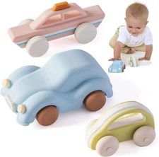 Moonkie Food Grade Silicone Toy Cars for Toddlers 1-3, Push and Go 3 Pack 