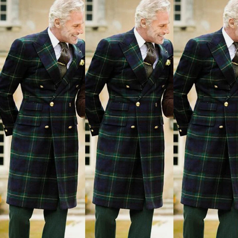 Jaqueta longa masculina de peito duplo xadrez verde smoking pico largo casaco de lapela - Imagem 4 de 4