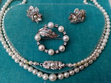 Vintage Cultured Akoya Pearls Set  Sterling Silver Necklace Earrings Brooch 
