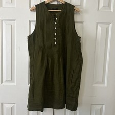 Quince European Linen Sleeveless Swing Dress Bayberry Olive Pintuck Large Shift