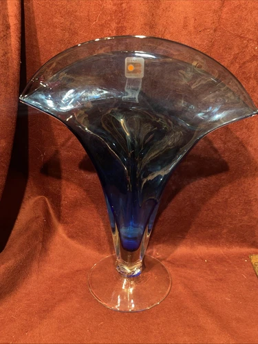 VTG BLENKO HANDMADE COBOLT BLUE FAN ART GLASS VASE WITH CLEAR BASE 12-1/2" HIGH
