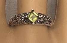 Sterling Silver Peridot Marcasite Ring Princess Square Cut Pale Green Gem size 8