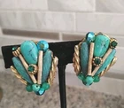 Vintage Unsigned Miriam Haskell (??)  Turquoise Bead Gold Tone Clip Earrings