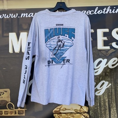 VTG 1999 MUFF DIVER Spear Fishing Long Sleeve Shirt Dual Sided Distressed Mens L