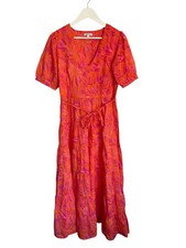 Monsoon Leaf Maxi Dress Pink Orange Fit Flare RRP £100 Cotton Size S 8 10 Belt