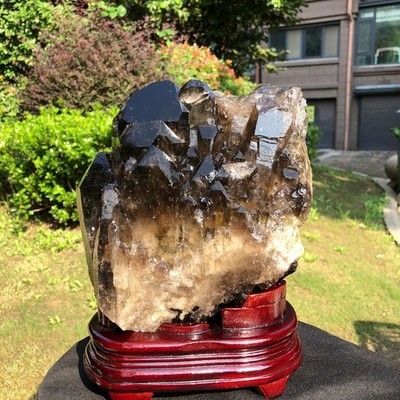 14.93LB  Natural Smoky Quartz Crystal Mineral Specimen Reiki Healing+Stand