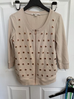 Boston Proper Blush Pink Rose Gold Rivets Zip Up Jacket Cardigan S 3/4 Sleeves