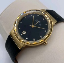 Skagen Leonora Watch Womens Black Gold Tone Faceted Crystal Leather SKW2124
