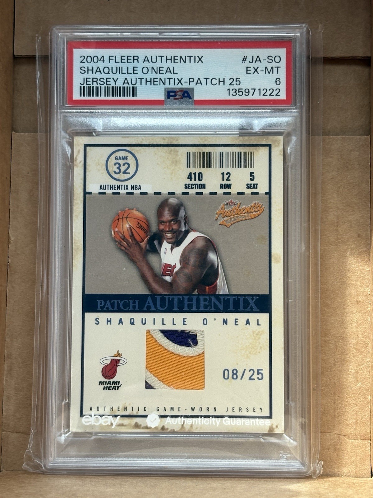 2004 Fleer Authentix Shaquille O’Neal Game Worn jersey patch #/25 PSA 6 Lakers view 1