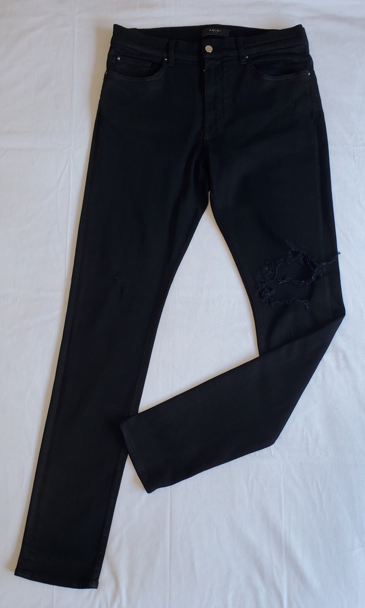 AMIRI (#124)BLACK WAXED DENIM RIPPED KNEE SUPER STRETCH SKINNY