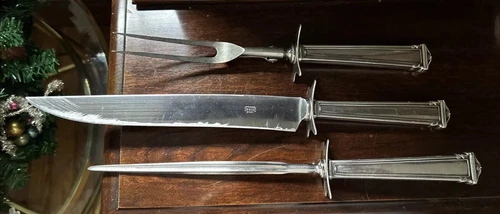 3 pc Theseus sterling handle International Silver carving set & knife sharpener