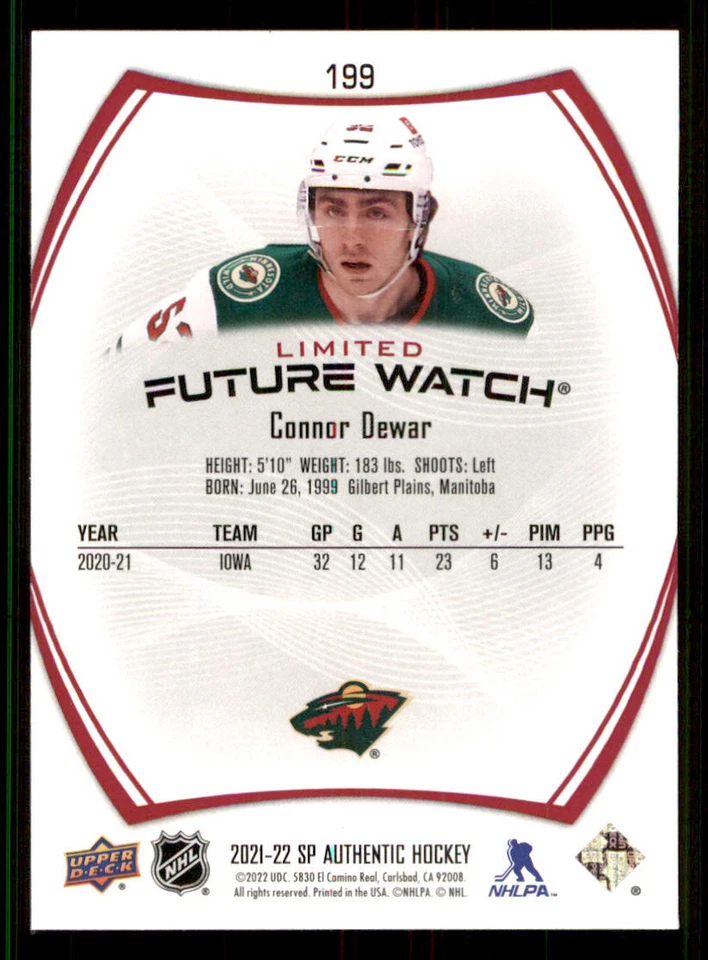 2021-22 SP Authentic Limited Red #199 Connor Dewar FW - Image 2 of 2