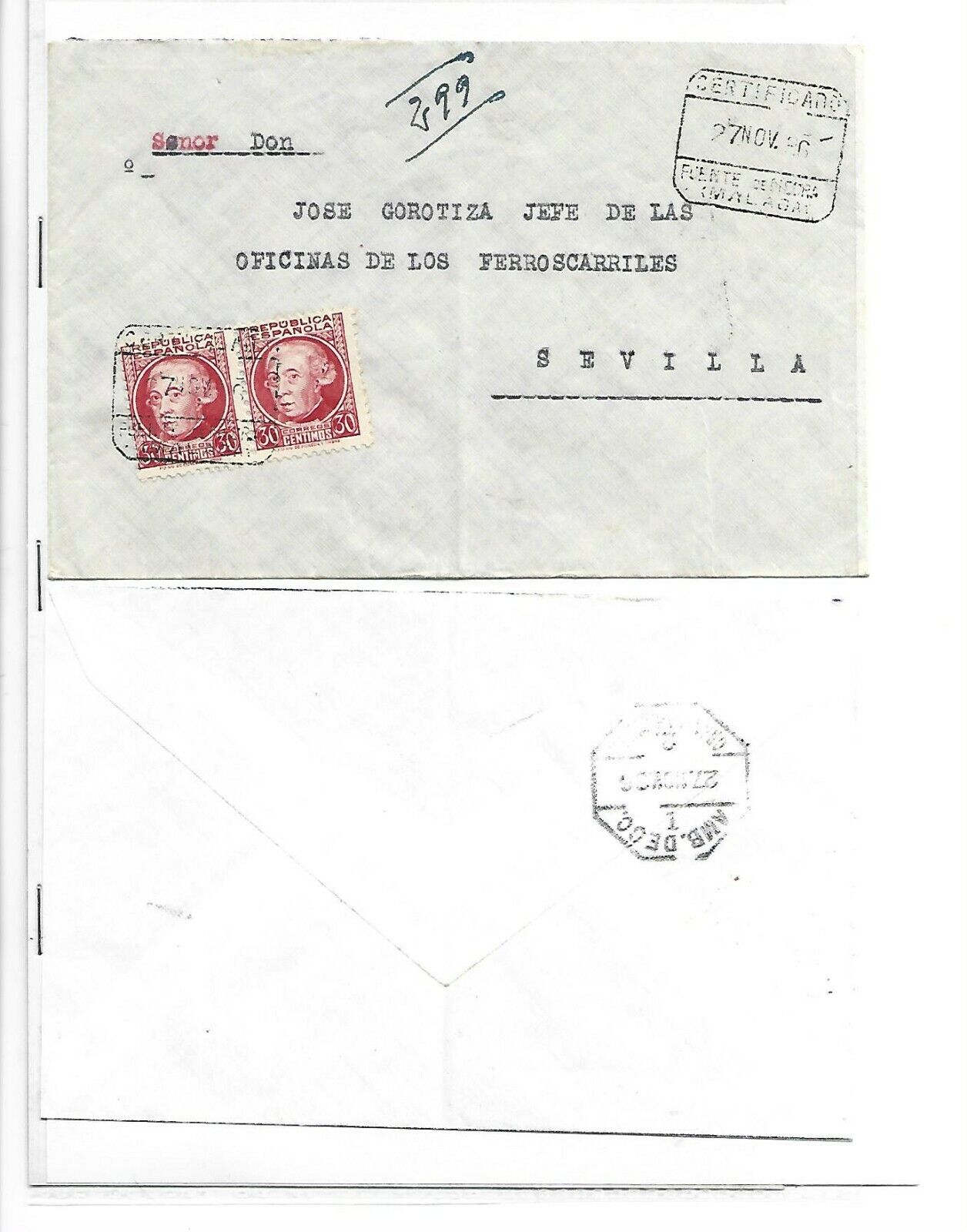 España Sobre Circulado Fuente de Piedra Sevilla año 1936 (FX-194)
