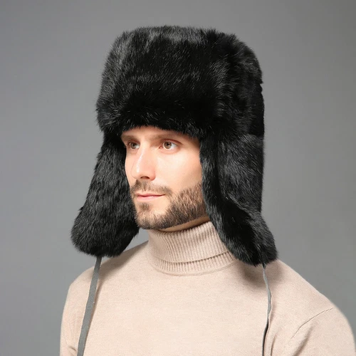 Herren Warm Winter Echt Echt Echt Kaninchenfell Mütze Russland Trapper Ohrenklappe Skimütze Mützen - Bild 8 von 18