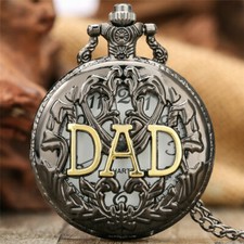 Steampunk DAD Men's Analog Quartz Pocket Watch Round Case Necklace Chain Gift