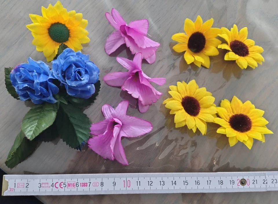 künstliche Blumen Blütenköpfe Sonnenblume Rose Orchidee gelb pink blau Deko - Bild 1 von 1