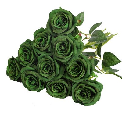 10 PCS Artificial Silk Rose Flower Bouquet Lifelike Fake Dark Green Decor