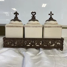 GRACIOUS GOODS GG Faith Hope Love Canister Set Cream Iron Base Holder Acanthus