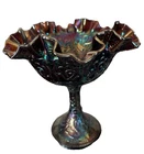 VINTAGE FENTON AMETHYST PERSIAN MEDALLION PEDESTAL CARNIVAL GLASS RUFFLED 6 1/2"