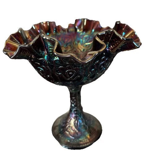 VINTAGE FENTON AMETHYST PERSIAN MEDALLION PEDESTAL CARNIVAL GLASS RUFFLED 6 1/2"
