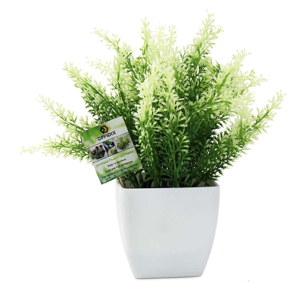 OFFIDIX Fake Plant Plastic Green Plant with Square Vase, Home Faux Plastic