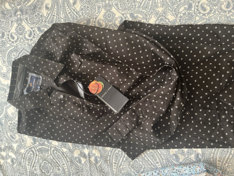 Nicole Miller Men's Black Polka Dot Slim Fit Dress Shirt 16.5 34/35