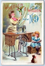 Victorian Trade Card Wheeler & Wilson No 9 Sewing Machine Mom Daughter Cat C217
