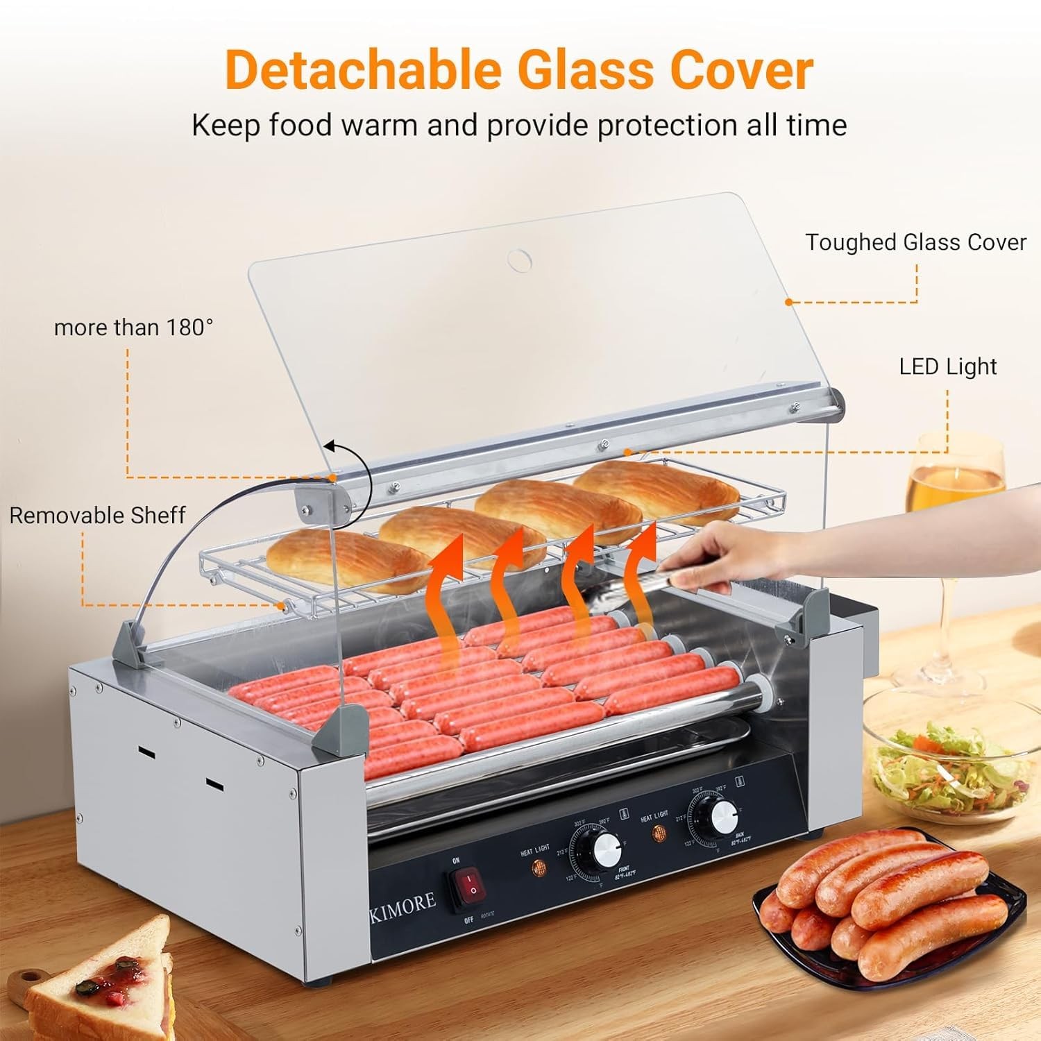 Hot Dog Roller, 30 Hot Dogs 11 Rollers Grill Cooker Machine with Removable