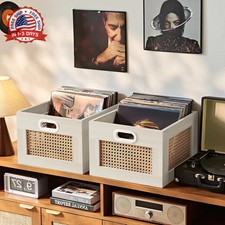 2 Pack Vinyl Record Storage Crates, Rattan Vinyl Record Holder with Ha