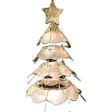 Vintage Capiz Shell Brass Christmas Tree Tealight Candle Holder Gold 2002