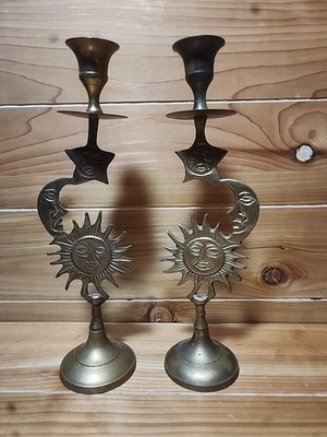 Vintage Celestial candlesticks Brass Sun, moon star candle holders.    1cnt18 JJ