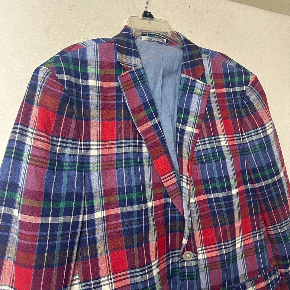 IZOD Blazer 男式 46R 蓝色红色格子亚麻棉运动外套经典学院风 — 第 4/4 张图片