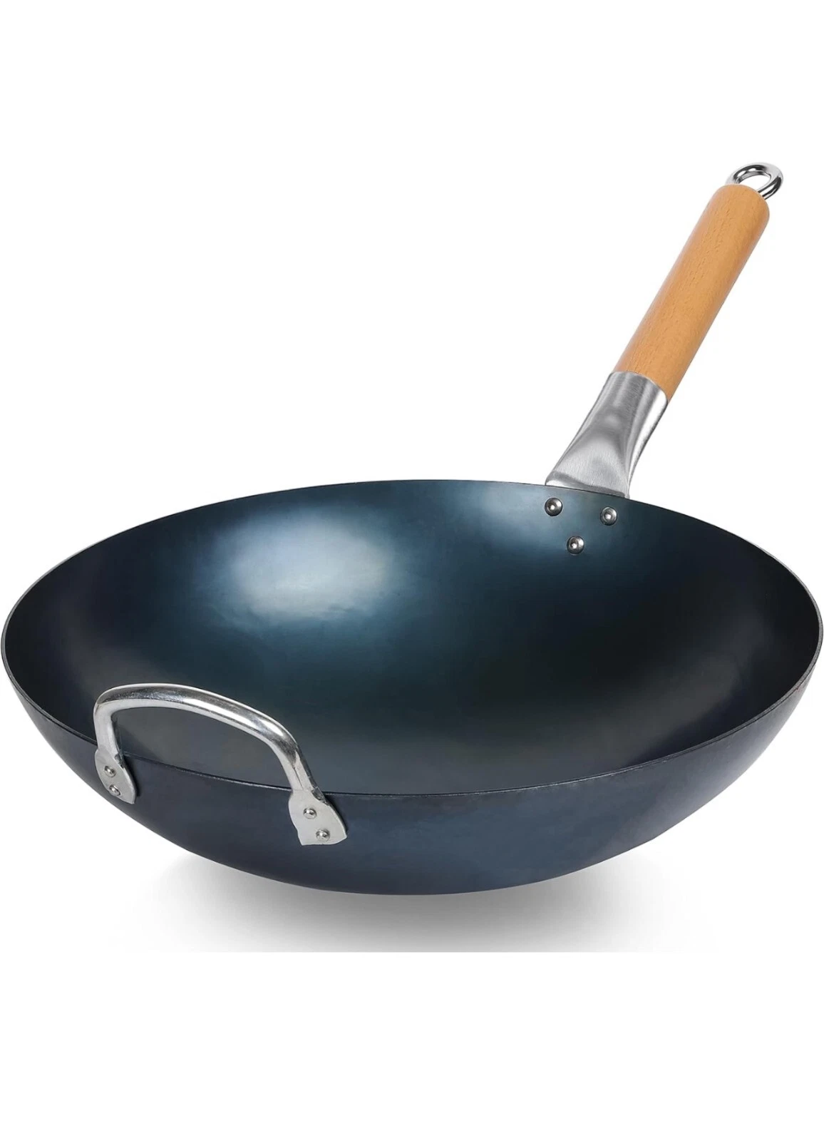 Wok - 13.5" Pre-Seasoned Carbon Steel Wok Pan with Wood and Steel Helper Handle,