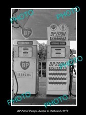 OLD LARGE HISTORIC PHOTO OF THE BP OIL PETROL PUMPS BENZOL & OUTBOARD c1970
